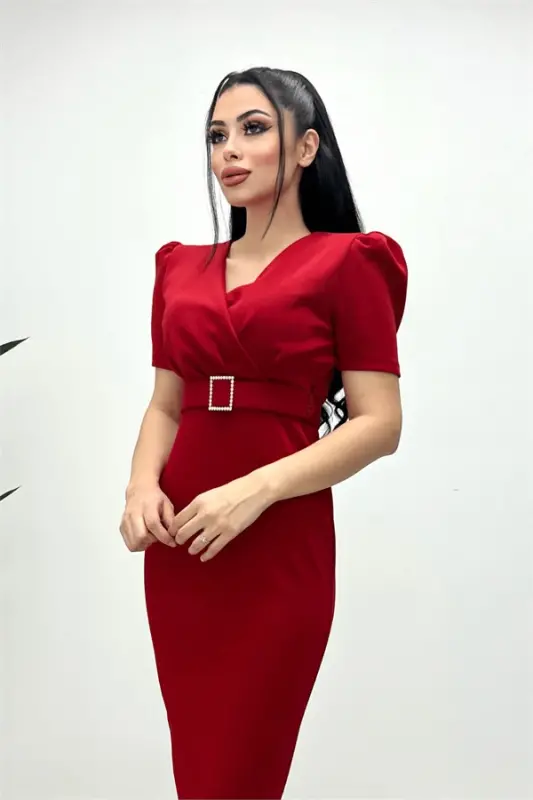 Scuba Fabric Belt Detail Pencil Dress - RED - 2