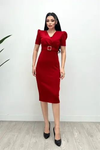 Scuba Fabric Belt Detail Pencil Dress - RED - 3