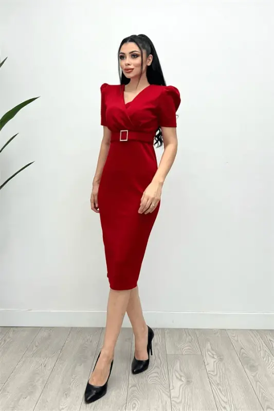Scuba Fabric Belt Detail Pencil Dress - RED - 4