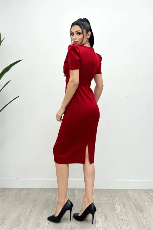 Scuba Fabric Belt Detail Pencil Dress - RED - 5