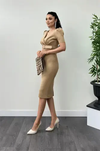 Scuba Fabric Belt Detailed Pencil Dress - BEIGE - BÜYÜKBEDENIZ (1)