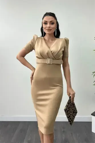 Scuba Fabric Belt Detailed Pencil Dress - BEIGE - 3