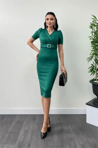 Scuba Fabric Belt Detailed Pencil Dress - EMERALD GREEN - 1