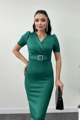 Scuba Fabric Belt Detailed Pencil Dress - EMERALD GREEN - 3