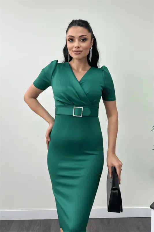 Scuba Fabric Belt Detailed Pencil Dress - EMERALD GREEN - 3