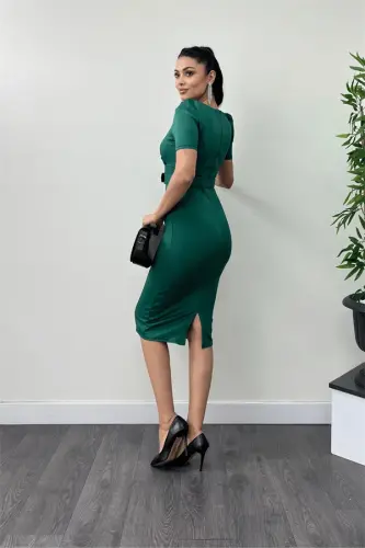 Scuba Fabric Belt Detailed Pencil Dress - EMERALD GREEN - 5