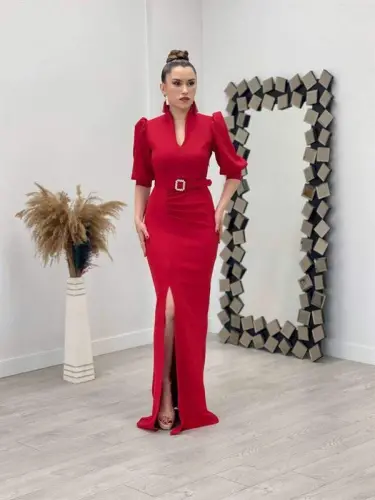 Scuba Fabric Crew Neck Dress - RED - 1