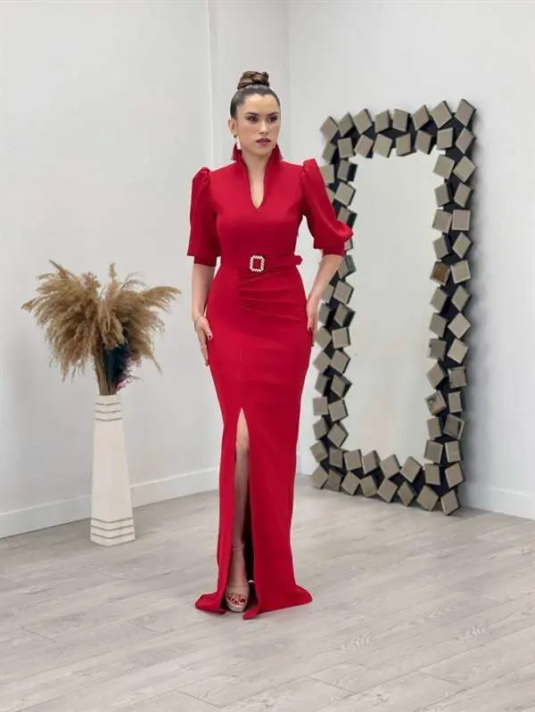 Scuba Fabric Crew Neck Dress - RED - 1