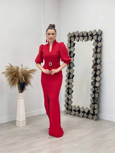 Scuba Fabric Crew Neck Dress - RED - BÜYÜKBEDENIZ (1)