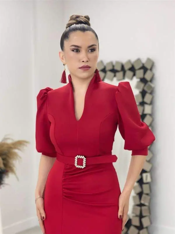 Scuba Fabric Crew Neck Dress - RED - 3