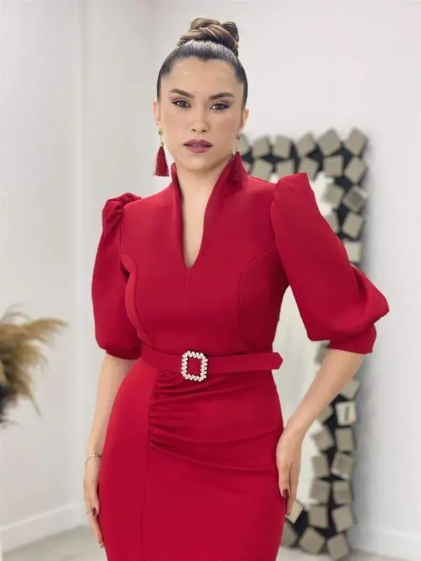 Scuba Fabric Crew Neck Dress - RED - 4