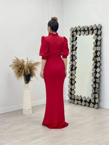 Scuba Fabric Crew Neck Dress - RED - 5