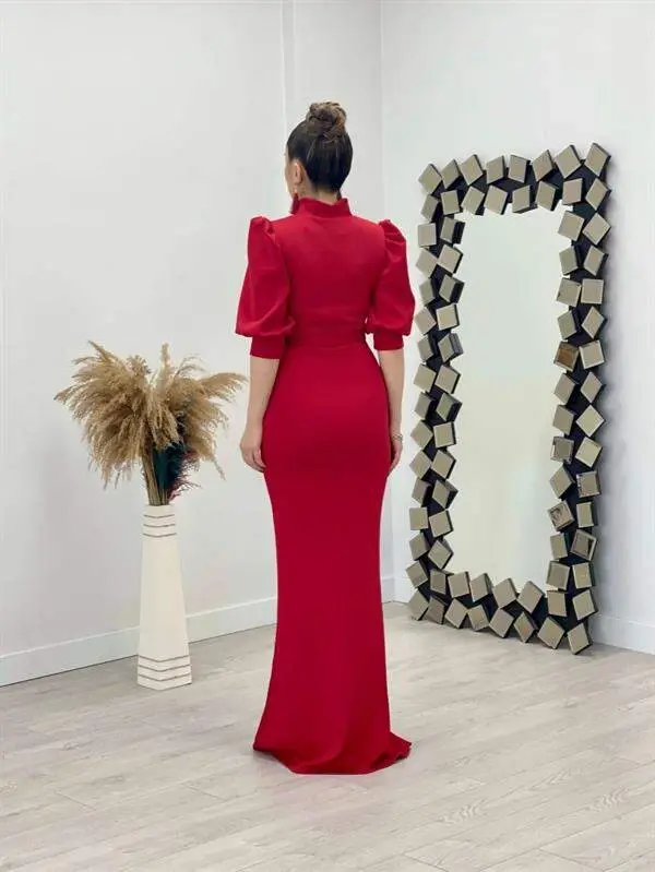 Scuba Fabric Crew Neck Dress - RED - 5