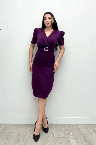 Scuba Fabric Pencil Dress with Belt Detail - EGGPLANT PURPLE - BÜYÜKBEDENIZ (1)