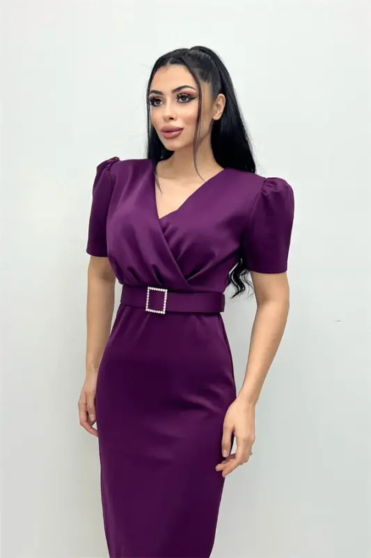 Scuba Fabric Pencil Dress with Belt Detail - EGGPLANT PURPLE - 3