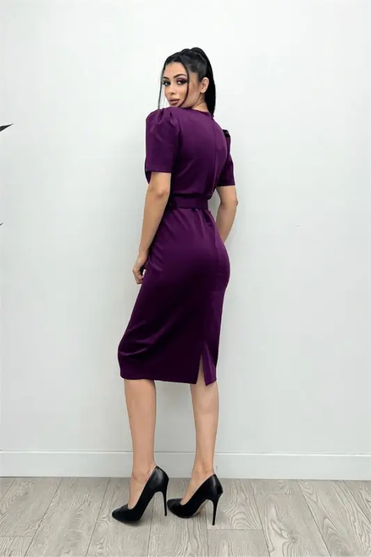 Scuba Fabric Pencil Dress with Belt Detail - EGGPLANT PURPLE - 4