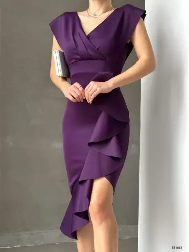 Scuba Fabric Ruffled Front Midi Dress - 1