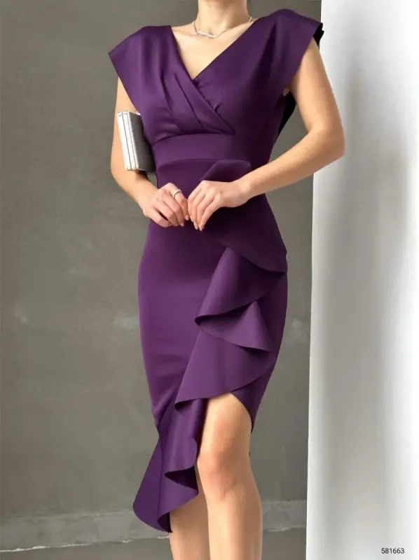 Scuba Fabric Ruffled Front Midi Dress - 1