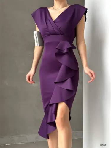 Scuba Fabric Ruffled Front Midi Dress - BÜYÜKBEDENIZ (1)