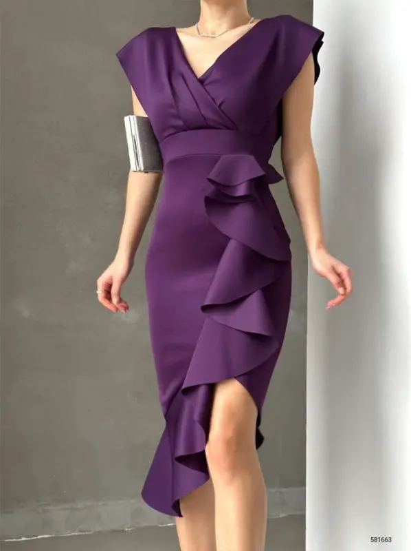 Scuba Fabric Ruffled Front Midi Dress - 2