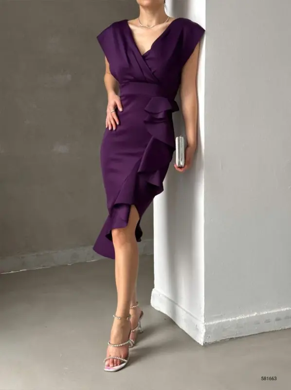 Scuba Fabric Ruffled Front Midi Dress - 3