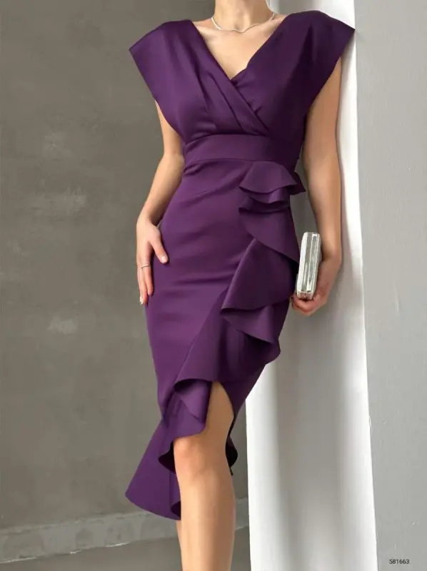 Scuba Fabric Ruffled Front Midi Dress - 5