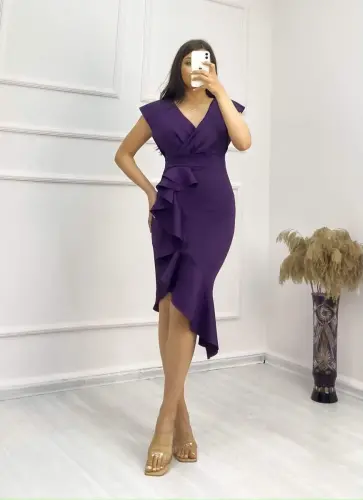 Scuba Fabric Ruffled Front Midi Dress - 7