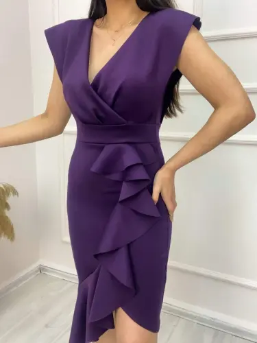 Scuba Fabric Ruffled Front Midi Dress - 8