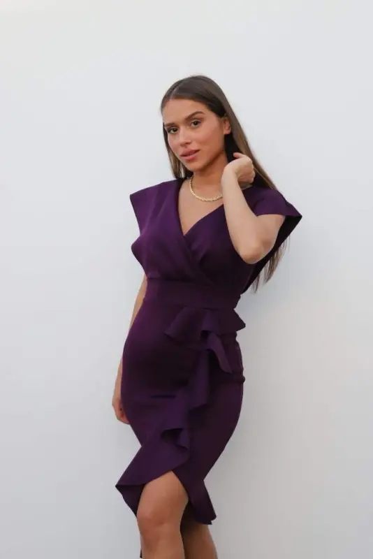 Scuba Fabric Ruffled Front Midi Dress - 12