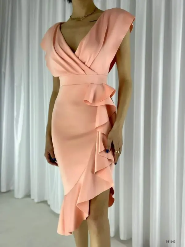 Scuba Fabric Ruffled Front Midi Dress - BÜYÜKBEDENIZ