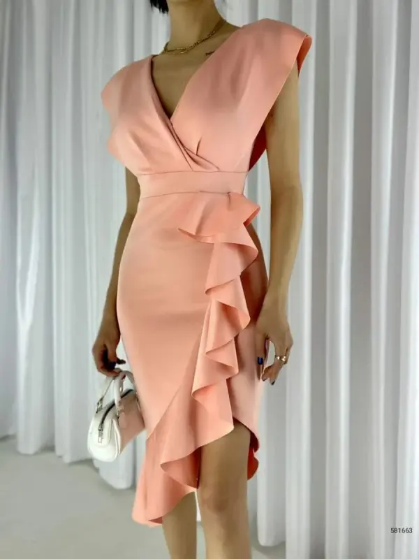 Scuba Fabric Ruffled Front Midi Dress - 3