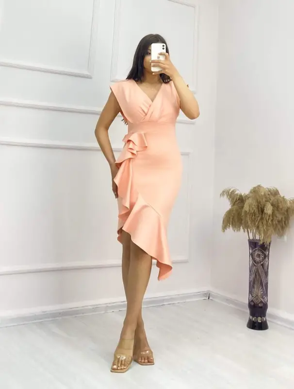 Scuba Fabric Ruffled Front Midi Dress - 4