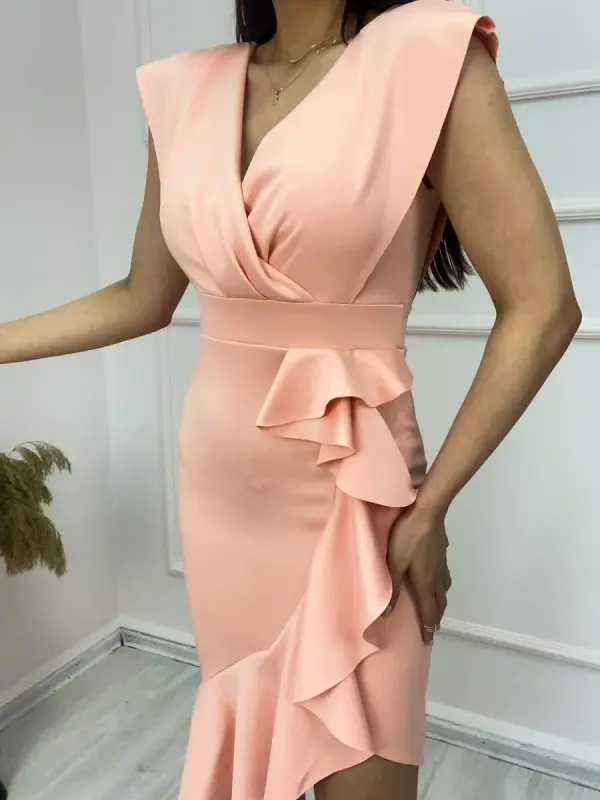 Scuba Fabric Ruffled Front Midi Dress - 6