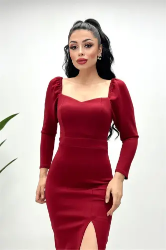 Scuba Fabric Slit Detailed Dress - Burgundy - 1