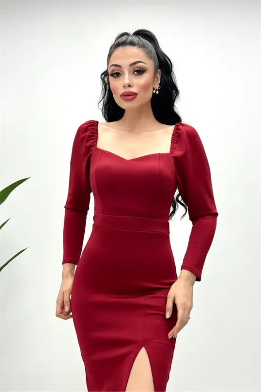 Scuba Fabric Slit Detailed Dress - Burgundy - BÜYÜKBEDENIZ