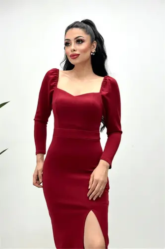 Scuba Fabric Slit Detailed Dress - Burgundy - BÜYÜKBEDENIZ (1)