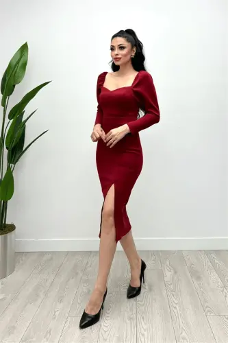 Scuba Fabric Slit Detailed Dress - Burgundy - 3