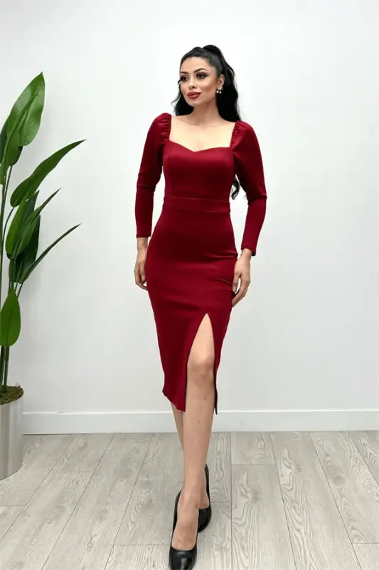 Scuba Fabric Slit Detailed Dress - Burgundy - 4