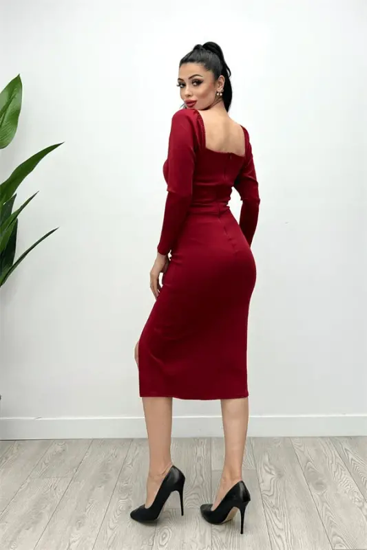 Scuba Fabric Slit Detailed Dress - Burgundy - 5