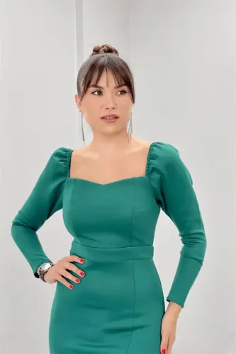 Scuba Fabric Slit Detailed Dress - EMERALD GREEN - 3