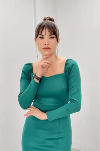 Scuba Fabric Slit Detailed Dress - EMERALD GREEN - 4