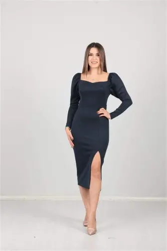 Scuba Fabric Slit Detailed Dress - Navy Blue - 1