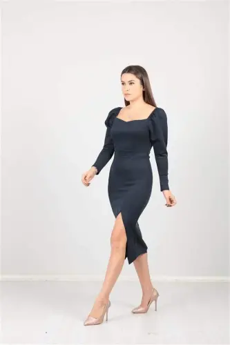 Scuba Fabric Slit Detailed Dress - Navy Blue - BÜYÜKBEDENIZ (1)