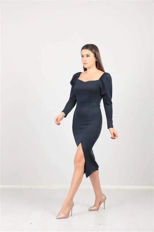 Scuba Fabric Slit Detailed Dress - Navy Blue - 2