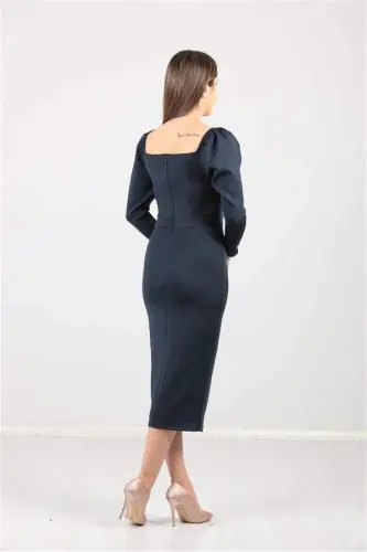 Scuba Fabric Slit Detailed Dress - Navy Blue - 3