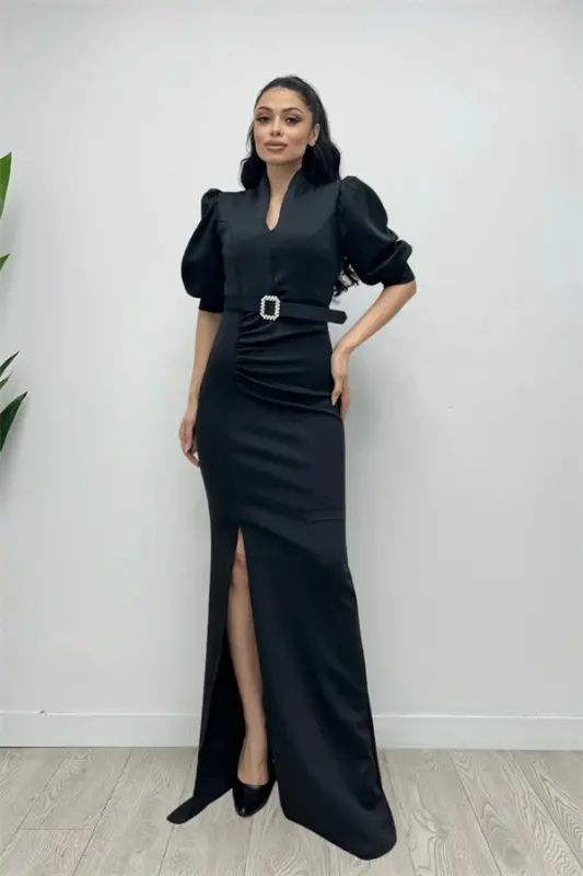 Scuba Fabric Stand-Up Collar Dress - BLACK - 2