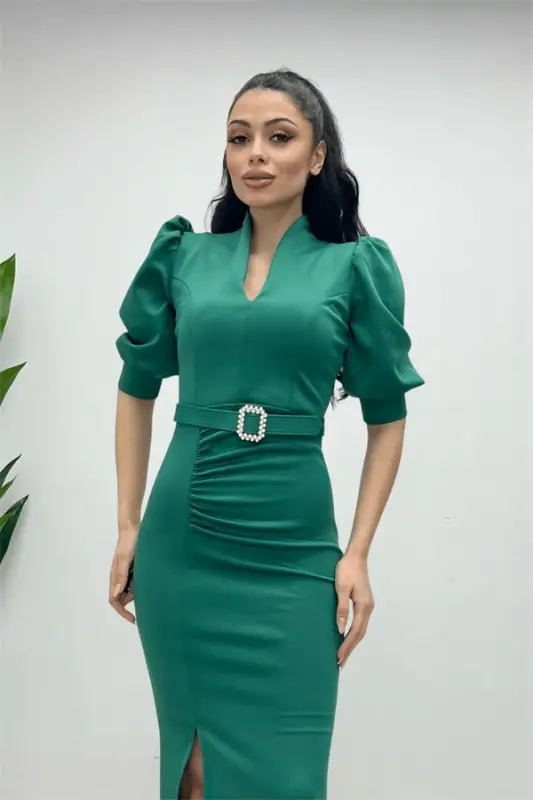 Scuba Fabric Stand-up Collar Dress - EMERALD GREEN - BÜYÜKBEDENIZ