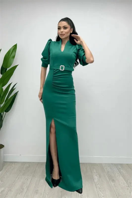 Scuba Fabric Stand-up Collar Dress - EMERALD GREEN - 4