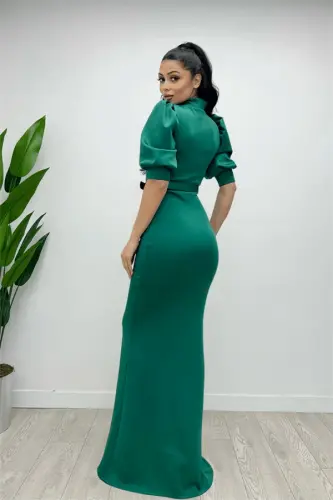 Scuba Fabric Stand-up Collar Dress - EMERALD GREEN - 5