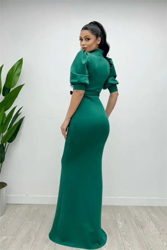 Scuba Fabric Stand-up Collar Dress - EMERALD GREEN - 5